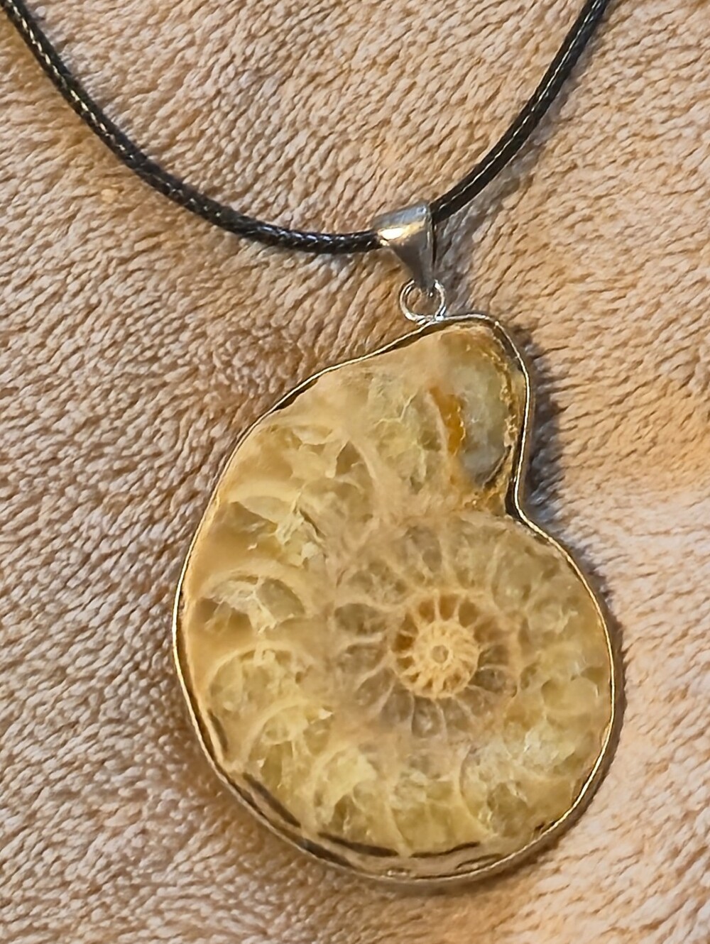 Earth Art hand crafted artisan Yellow-Cream Ammonite Pendant Necklace Silver